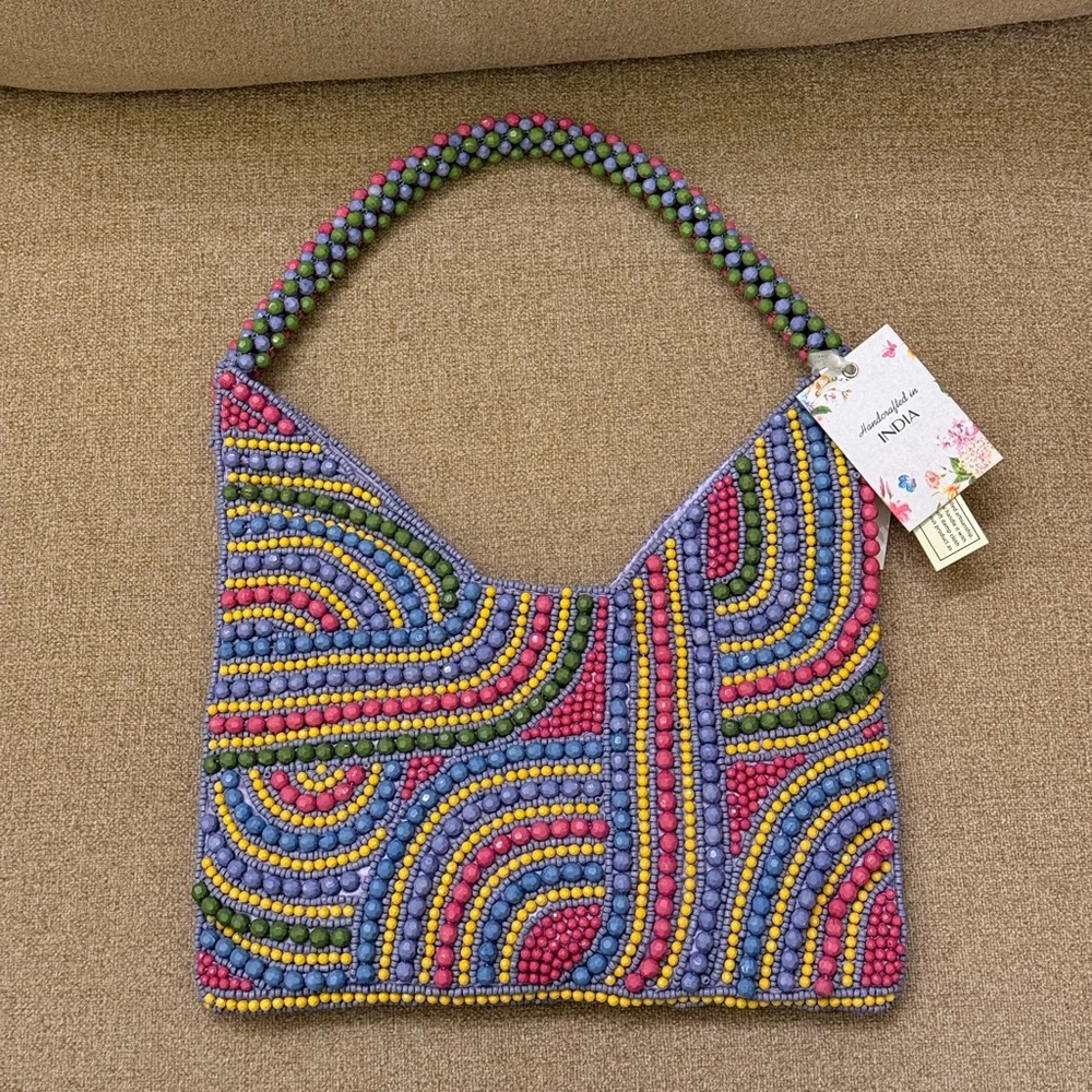 NWT Made in India Abstract Beaded Hobo Multicolor Rainbow Shoulder Bag